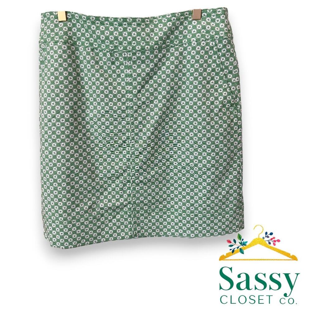 TALBOTS Green White Geometric Pencil Skirt 6 Lined Stretch Pockets EUC